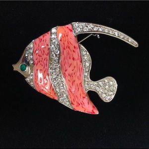 (3/$15) Coral enamel crystal rhinestones fish brooch
